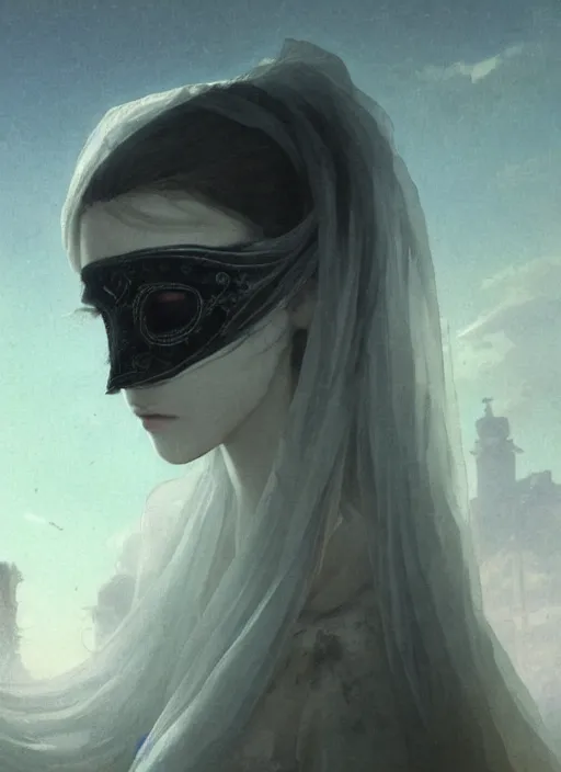 Image similar to close up of a veiled half scull mask girl on the ruins temple, looking at the camera very curiously, smog on the floor, extremely beautiful and aesthetic and attractive detailed face and body, chiaroscuro, dynamic pose, fantasy illustrations, by makoto shinkai and jeremy lipking and ferdinand knab