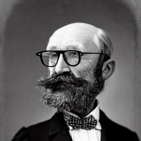 Prompt: daguerrotype of a really old man, wrinkly, lots of mustache, tiny glasses