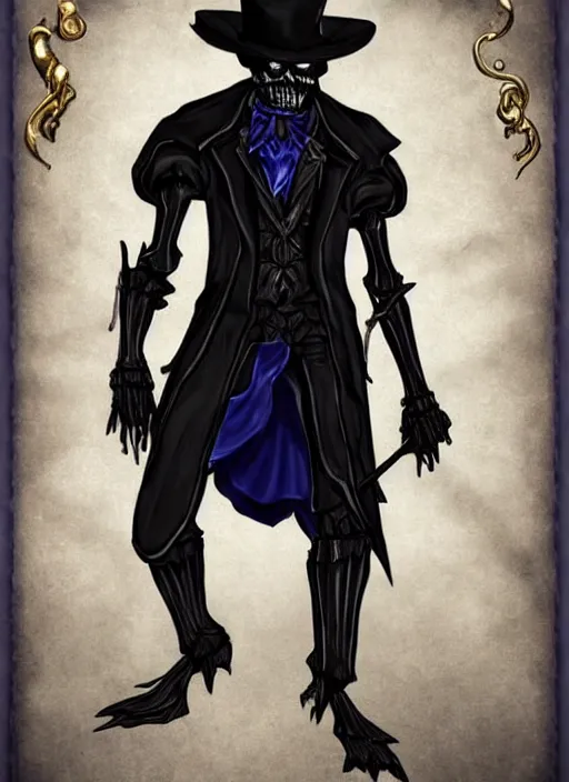 Image similar to DND character art, skeletal male figure, wearing a deep black suit!!! and tie and top hat, holding a gold! cane!, blue flames!!