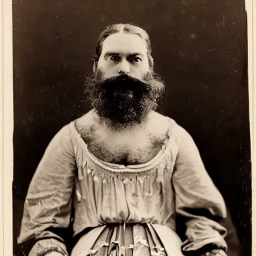 Prompt: Poster of a bearded lady circus show in the 19th century, 1900s photography