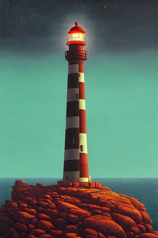 Prompt: a lighthouse on a rock in a redwood solar punk vision ; oil on canvas by klaus burgle and simon stalenhag ; ultra - realistic 3 d depth shading