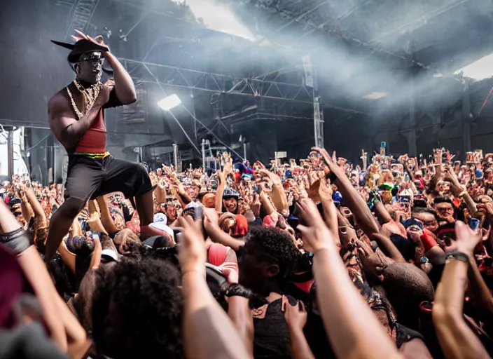 Image similar to photo still of wesley snipes as simon phoenix on stage at vans warped tour!!!!!!!! at age 3 3 years old 3 3 years of age!!!!!!!! stage diving into the crowd, 8 k, 8 5 mm f 1. 8, studio lighting, rim light, right side key light