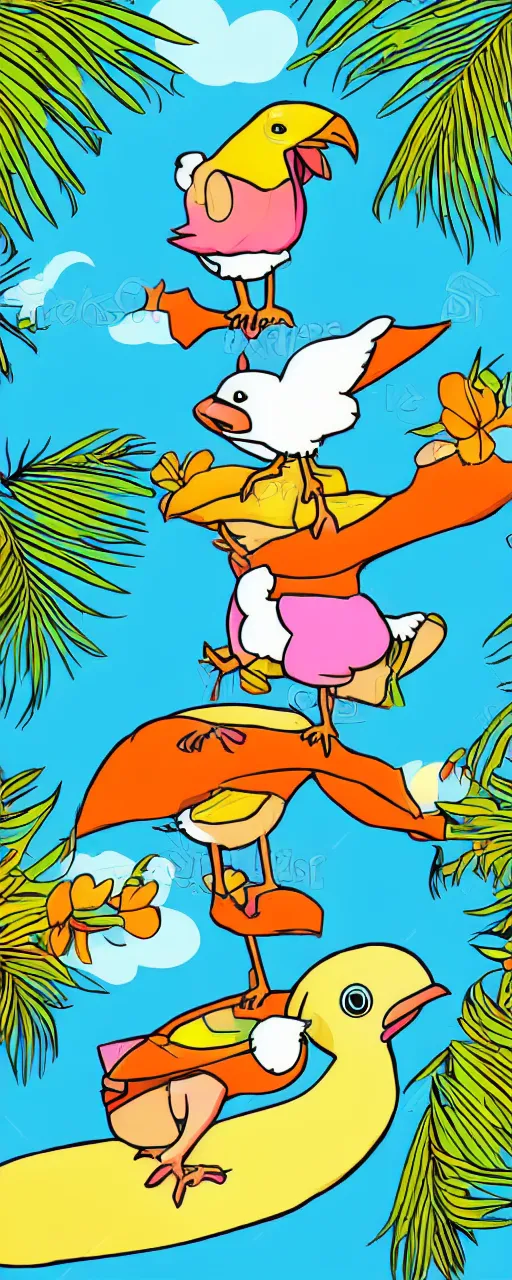 Image similar to cute cartoon chibi anime style illustration of a dodo bird surfing. super cute. tropical. colorful.