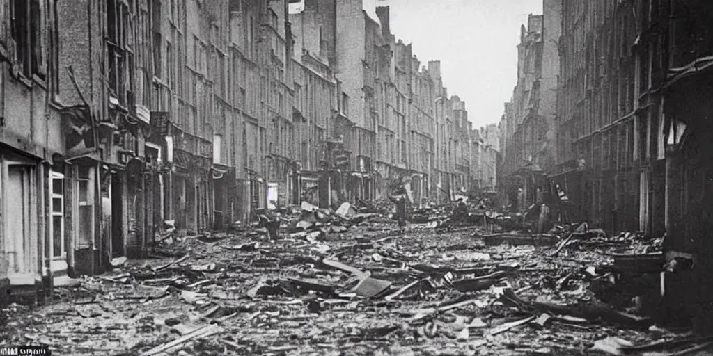 Image similar to a colour night photo of the street of saint - malo after being bombed with pocket of fire in 1 9 4 5