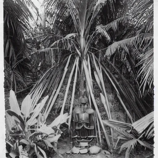 Image similar to lost film footage of a sacred ( ( ( indigenous ) ) ) artifact in the middle of the ( ( ( ( ( ( ( ( ( ( tropical jungle ) ) ) ) ) ) ) ) ) ) / ethnographic object / film still / cinematic / enhanced / 1 9 0 0 s / black and white / grain