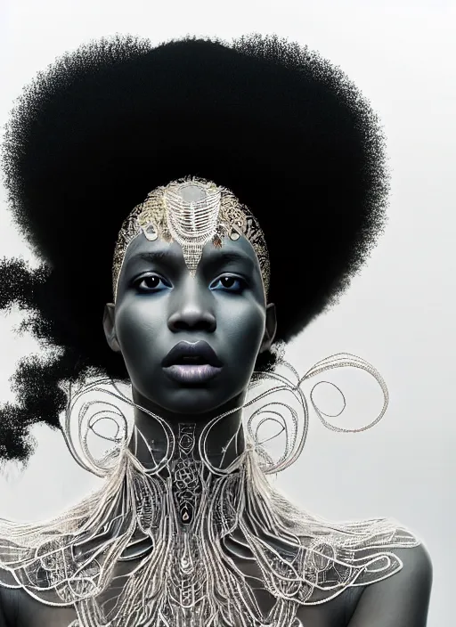 Image similar to a fierce nubile young woman with reflections in her eyes and afro hair, wearing a intricate white shaman costume, clear skin, elegant, graceful, fashionable, swirling dark energy in background, cinematic, hyperdetailed illustration by irakli nadar and alexandre ferra, intricate linework, depth of field, global illumination,