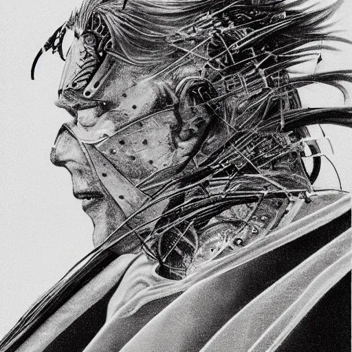 Image similar to Yoshitaka Amano realistic illustration of jeb bush ,hair fluttering in the wind, cracks on his face wearing Elden ring armour with engraving, abstract black and white patterns on the background, noisy film grain effect, highly detailed, Renaissance oil painting, weird portrait angle, blurred lost edges, three quarter view