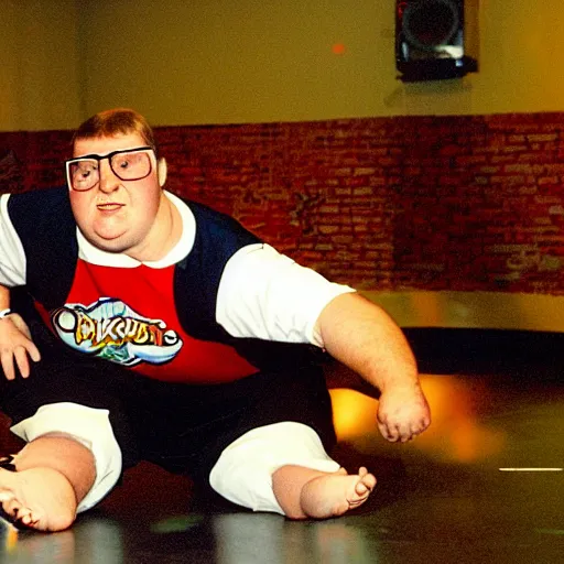 Image similar to Peter Griffin break dancing in a nightclub, 1990 photograph