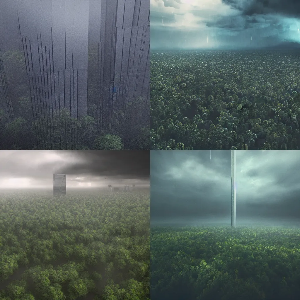 Prompt: A skyscrapper in center of a forest, rain, dramatic sky, aerial view, hyperrealism, 4k octane render, photorealistic concept art, highly detailed