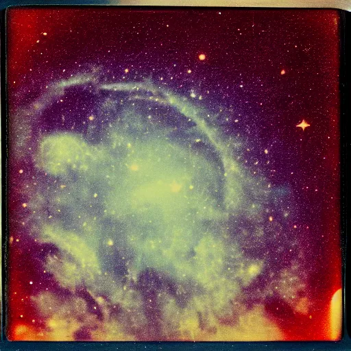 Image similar to vintage polaroid of our galaxy in deep space, detailed clouds, nebula, planets, galaxies, warm azure tones, red color bleed, film grain