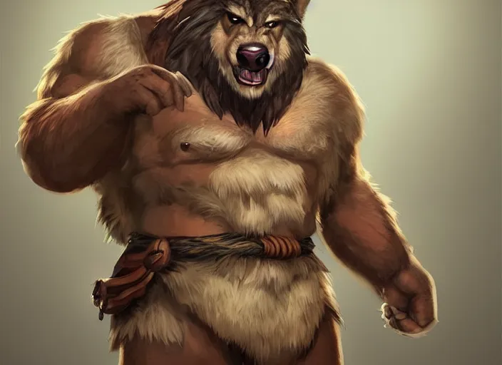 Prompt: burly surly brawny character portrait feature of the anthro male anthropomorphic wolf fursona animal person wearing tribal primitive caveman outfit belt standing in the entrance to the cave, middle framed character design stylized by charlie bowater, ross tran, artgerm, makoto shinkai, detailed, soft lighting, rendered in octane