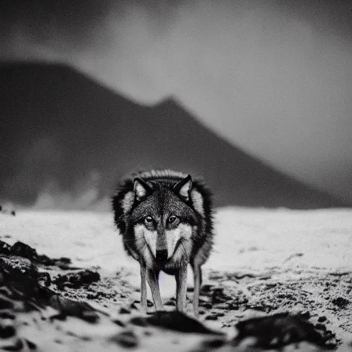 Image similar to a wolf, she eating meat, in volcano, standing close to volcano, fire raining, professional photography, black and white, cinematic, eerie