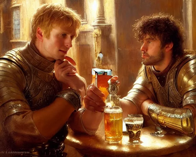 Image similar to attractive arthur pendragon and attractive lancelot go to a pub together to have some drinks. highly detailed painting by gaston bussiere, craig mullins, j. c. leyendecker 8 k