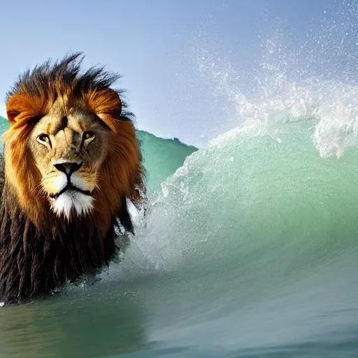 Image similar to a lion's face breaching through a wave