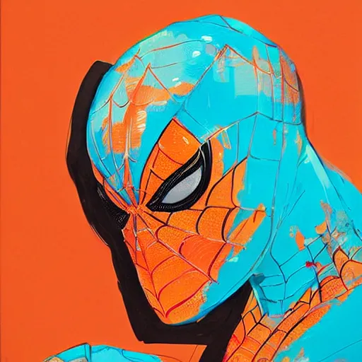 Prompt: Spiderman in orange and turquoise painted by Conrad Roset, detailed brushstrokes