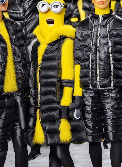 Prompt: hyperrealistic and heavy detailed moncler runway show of minions, leica sl 2 5 0 mm, vivid color, high quality, high textured, real life