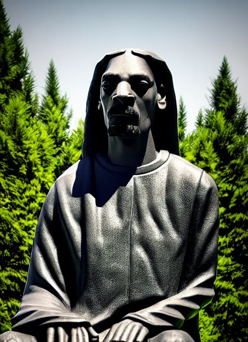 Prompt: snoop dog as black basalt statue, in marijuanas gardens, soft surface texture, very realistic 3 d render, soft sun lights, 4 k, high detailed photography result, 5 0 mm lens, rich deep colors, smooth gradients, depth of field, cinematic, hyper realism, high detail, octane render, unreal engine, 8 k, vibrant colors