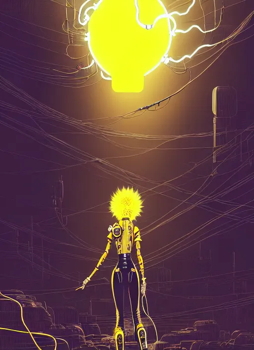 Image similar to highly detailed portrait of wasteland punk long curly bright yellow and white plasma electricity hair tribal lady, stray electric spark wiring by atey ghailan, james gilleard, by joe fenton, by greg rutkowski, by greg tocchini, by kaethe butcher, 4 k resolution, gradient yellow, black and white color scheme!!! ( ( lightning cloudy robotic dystopian city background ) )