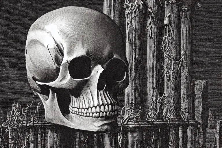 Prompt: intricate, smooth, large metallic skull atop coil of columns, inside a dark room, style by caspar david friedrich and wayne barlowe and ted nasmith.