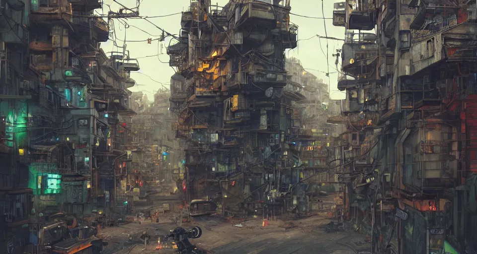 Image similar to a industrial STEAMPUNK CITY Street scenery in the FAVELAS, signs, billboards and cable Connecting MULTI LVL BUILDINGS, rendered by simon stålenhag, rendered by Beeple, Makoto Shinkai, syd meade, environment concept, digital art, starwars, Gundam Style, unreal engine, 3 point perspective, WLOP, trending on artstation, low level, 4K UHD image, octane render,