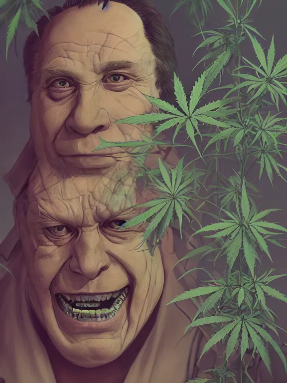 Image similar to a portrait of a cannabis devil premier francois legault illustrated by miyazaki by karol bak, james jean, tom bagshaw, rococo, sharp focus, trending on artstation, cinematic lighting, hyper realism, octane render, 8 k, hyper detailed, vivid, ultra detailed, highly detailed