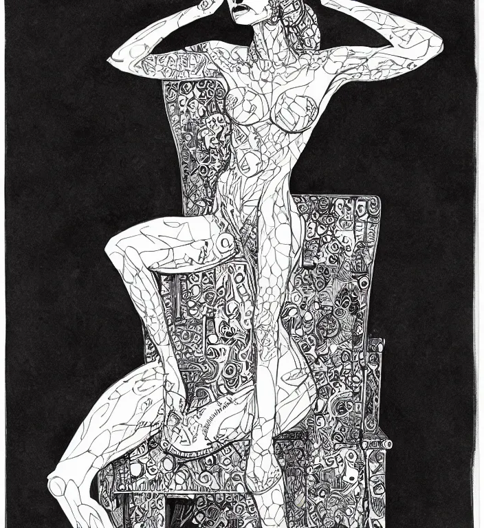 Image similar to salome full figure sitting on throne sketchbook ink drawing by james jean very detailed high contrast