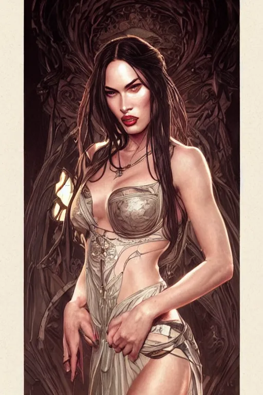 Prompt: portrait of a megan fox as a vampire queen, upper body, fantasy, intricate, elegant, highly detailed, digital painting, artstation, concept art, matte, sharp focus, illustration, art by Artgerm and Greg Rutkowski and Alphonse Mucha