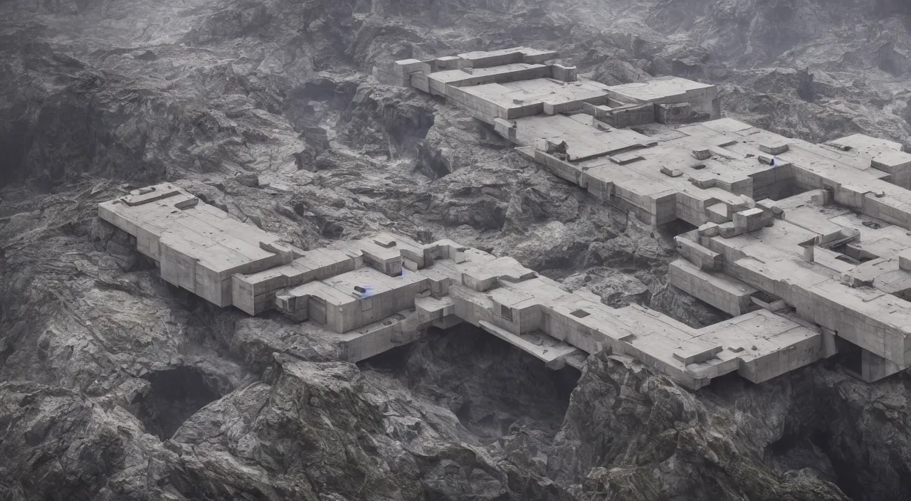 Image similar to big brutalist imperial military base on cliffs, drawing architecture, imperial architecture in rogue one, pritzker architecture prize, brutalism architecture, jan urschel