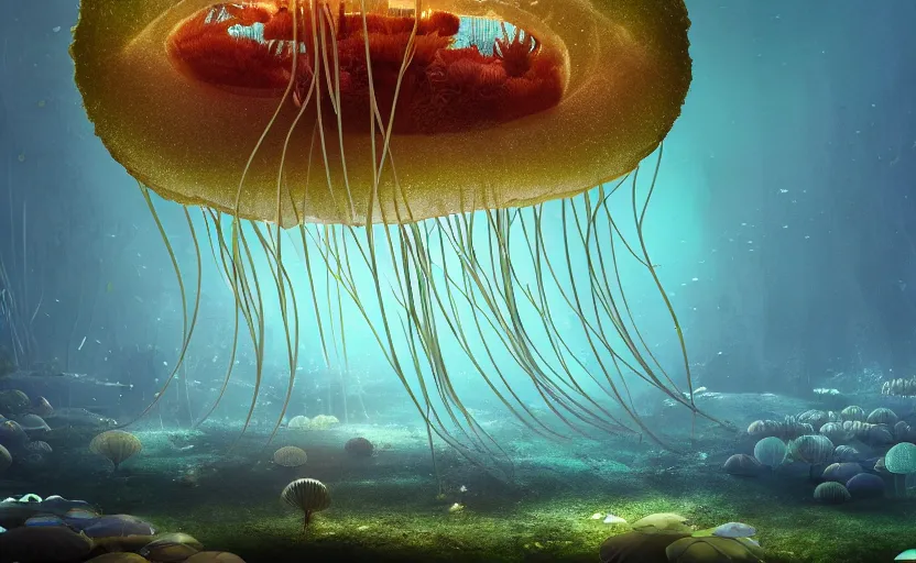 Image similar to A forest city inside of a jellyfish underwater. Fantasy. light fixtures. 8K. detailed. photorealism. artstation. 25mm f/1.7 ASPH Lens. ultra realistic