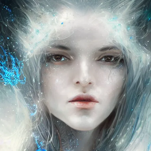 Prompt: masterpiece portrait of a beautiful mage woman, ice spell, 3 0 years woman, soft realistic thin appealing face, light eyes, black dynamic hair, wearing silver diadem, blue gems inlays, silver necklace, digital painting by wlop, luis royo, atmospheric effects, chaotic blue sparks dynamics background, intricate, artstation, fantasy