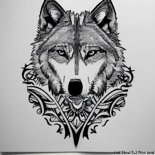 Prompt: tattoo stencil. pencil line drawing, black and white vector, photoshop wolf