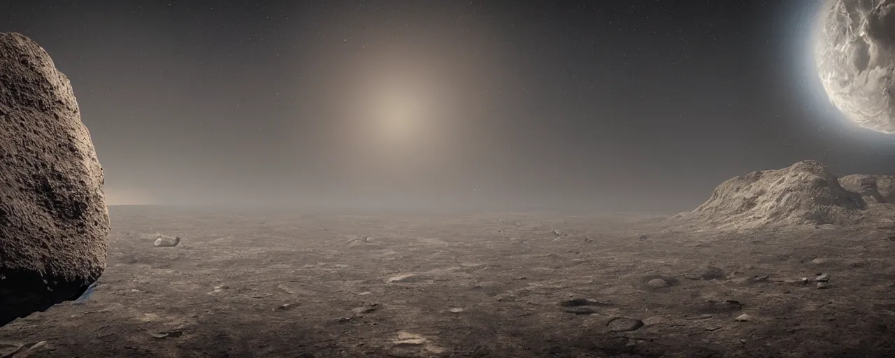 Image similar to ” small asteroid with craters seen from a far against a black space backdrop, [ cinematic, detailed, epic, widescreen, opening, establishing, mattepainting, photorealistic, realistic textures, octane render ] ”