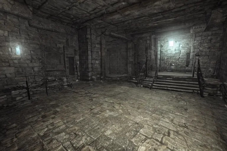 Image similar to inside a haunted dungeon, First person horror game, unreal engine