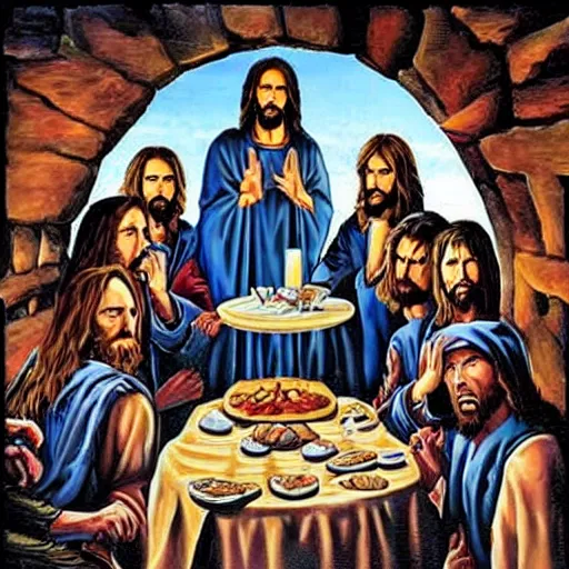 Image similar to the lord's supper, jesus accompanied by undeads in iron maiden album cover style