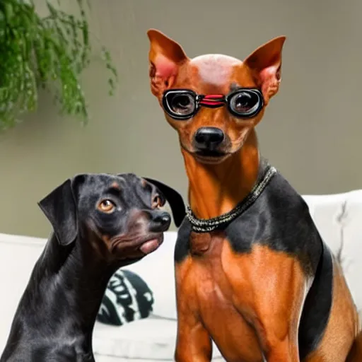 Image similar to a pinscher with snoop dogg head