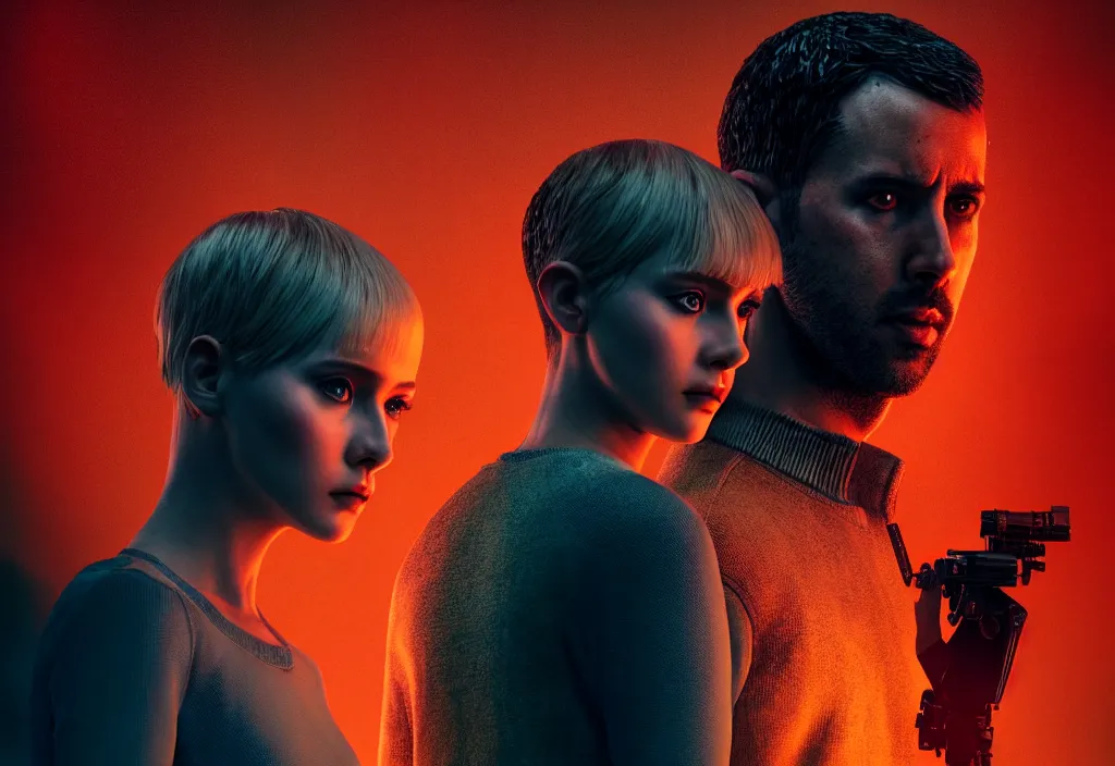 Prompt: vfx film closeup portrait, humanoid robot detective couple squad in blade runner 2 0 4 9 slums, flat color profile, low - key lighting, award winning photography, arri alexa cinematography, hyper real photorealistic cinematic, atmospheric cool colorgrade