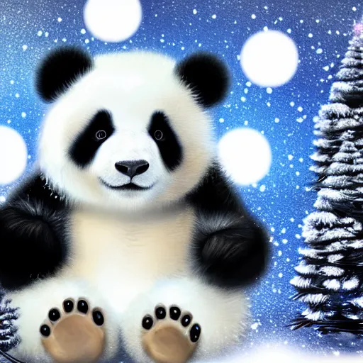 Image similar to cute fluffy white baby panda cub sitting in snowy winter christmas tree landscape with holiday lights detailed painting 4k