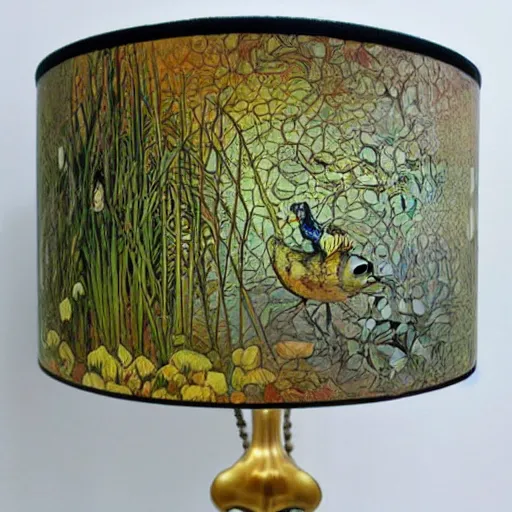 Image similar to beautiful victorian art nouveau duck lampshade, river reeds duckweeds close up abstract mallard feathers, mucha tiffany kilian eng