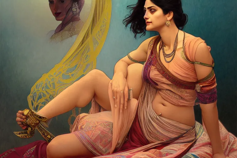 Image similar to sensual pale beautiful indian doctor in jeans, art deco portrait, elegant, intricate, digital painting, artstation, concept art, smooth, sharp focus, illustration, art by artgerm and greg rutkowski and alphonse mucha