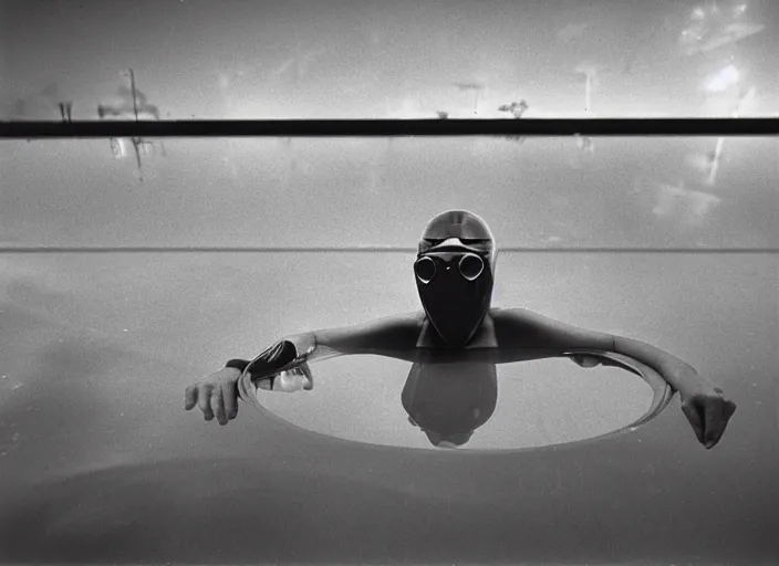 Image similar to welder in welding mask in swimming pool, by richard avedon, tri - x pan stock