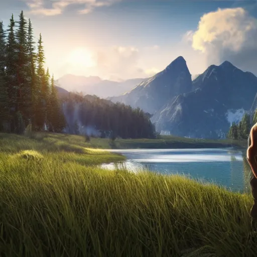 Prompt: beautiful render of a landscape, unreal engine, first light, majestic mountains, lake, lush grass, dramatic clouds, hunters standing with their backs turned, soft light with a black bar of text on top of the image saying wow