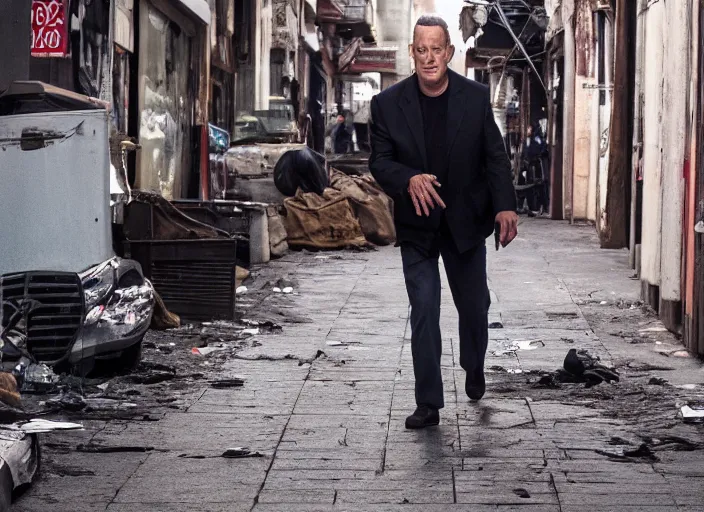 Prompt: film still of Tom Hanks roaming the dirty streets in the new Deathwish, 4k