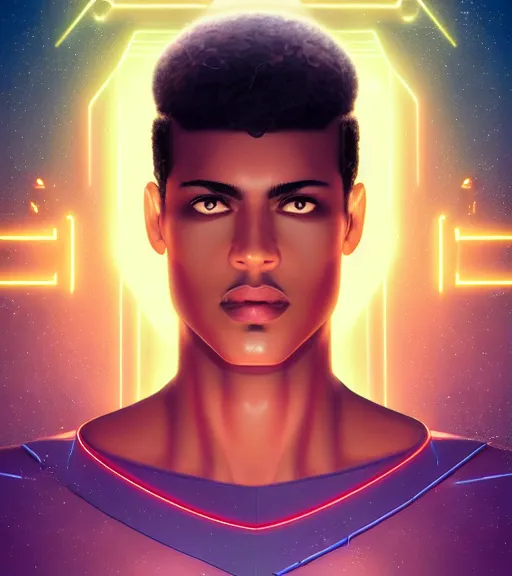 Image similar to symmetry!! egyptian prince of technology, solid cube of light, hard edges, product render retro - futuristic poster scifi, lasers and neon circuits, brown skin man egyptian prince, intricate, elegant, highly detailed, digital painting, artstation, concept art, smooth, sharp focus, illustration, dreamlike, art by artgerm