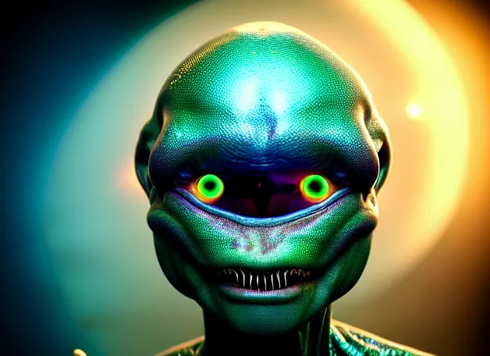 Prompt: hyperrealism, detailed textures, photorealistic 3 d render, an alien with crimsom coloured eyes in a super star system from 5 million years ago, sharp focus, ultra realistic, ultra high pixel detail, cinematic, intricate, cinematic light, concept art, illustration, art station, unreal engine 8 k