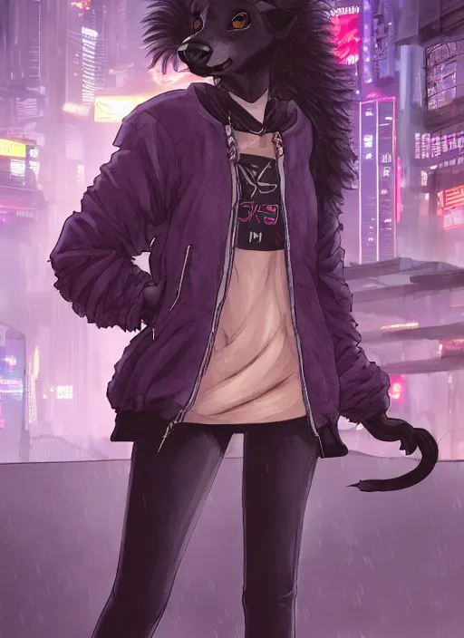 Image similar to character portrait of a female anthro hyena fursona with a cute beautiful attractive furry face and long black curly hair wearing a police bomber jacket in a cyberpunk city at night while it rains. hidari, color page, tankoban, 4K, tone mapping, Akihiko Yoshida.