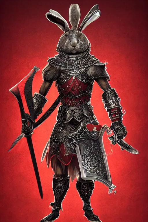 Image similar to Anthropomorphized Rabbit in full armor carrying Sword and Shield, full body, menacing pose, concept art, insanely detailed and intricate, hypermaximalist, elegant, ornate, hyper realistic, super detailed, tribal red atmosphere, Art Deco, cinematic, trending on artstation, magic the gathering artwork, centered