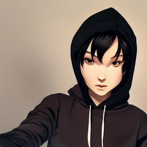 Prompt: cassandra cain wearing a hoodie!!!! laying in bed!!!, beautiful face!!!!, 2 7 years old, cg animation, lifelike, animated, realistic, by artgerm, greg rutkowski, ilya kuvshinov, 3 d