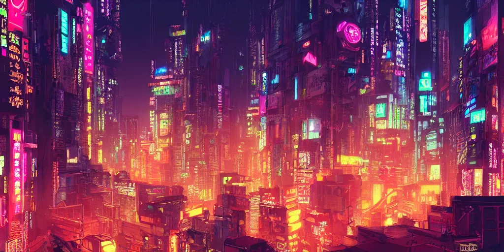 Image similar to Cyberpunk neon city in Japan, evening, detailed matte painting, cinematic, Moebius, Artstation