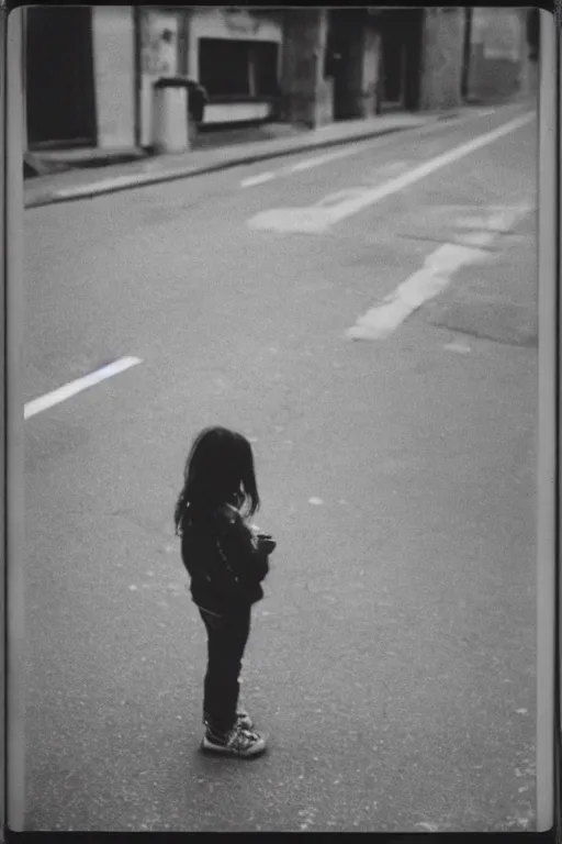 Image similar to polaroid photo of sad and lonely child in the middle of an empty street in a big city, tecnica collodio umido, photorealistic, 35mm film, lens 85mm, f2.8, black and white, polaroid, view camera.