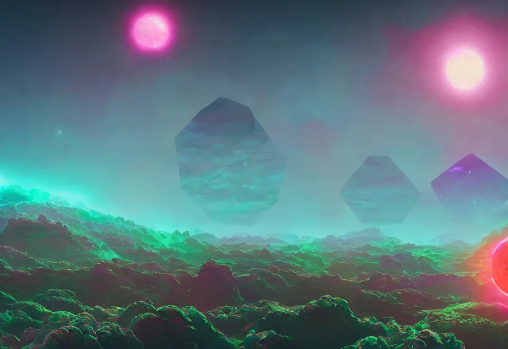 Prompt: dramatic epic stunning beautiful and insanely detailed matte painting of a hexagon shaped planet in a colorful universe with hexagons, lens flares, atmospheric and vaporwave composition, digital art by Kilian Eng and Simon Stalenhag, masterpiece, fantastic, octane render, 8K HD Resolution, High quality image